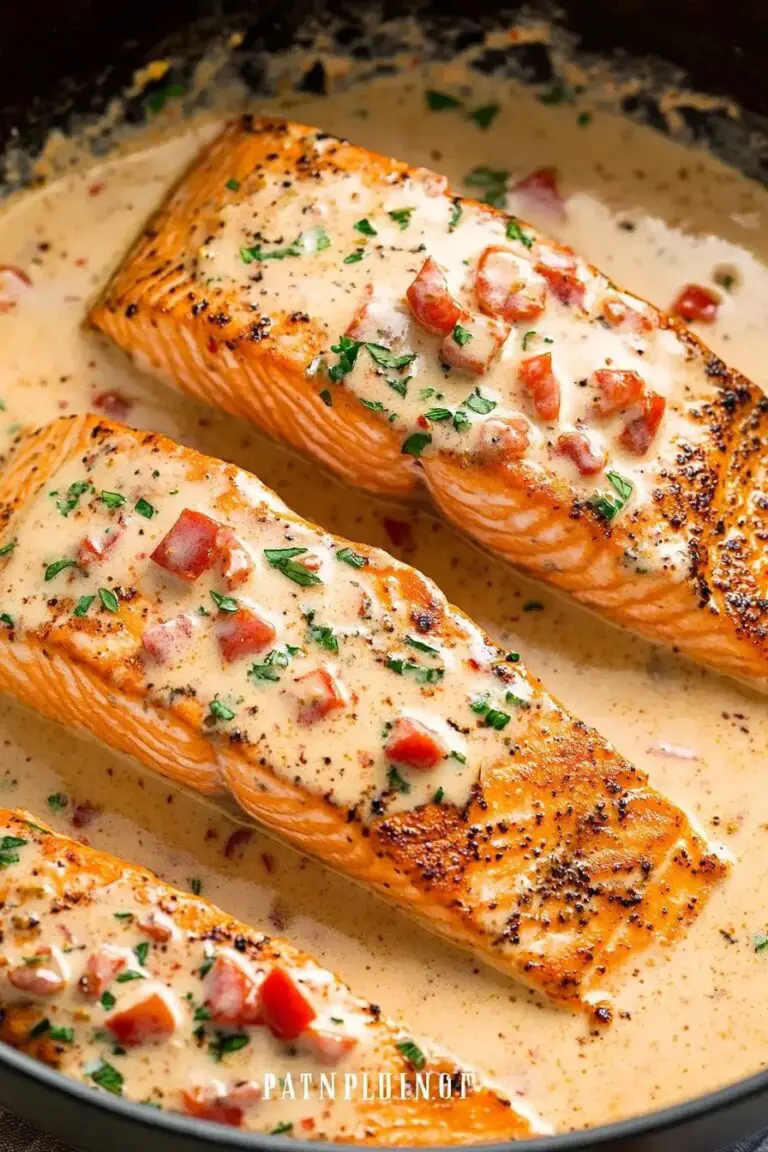 Saumon poêlé dans une sauce crémeuse au poivron rouge et au parmesan