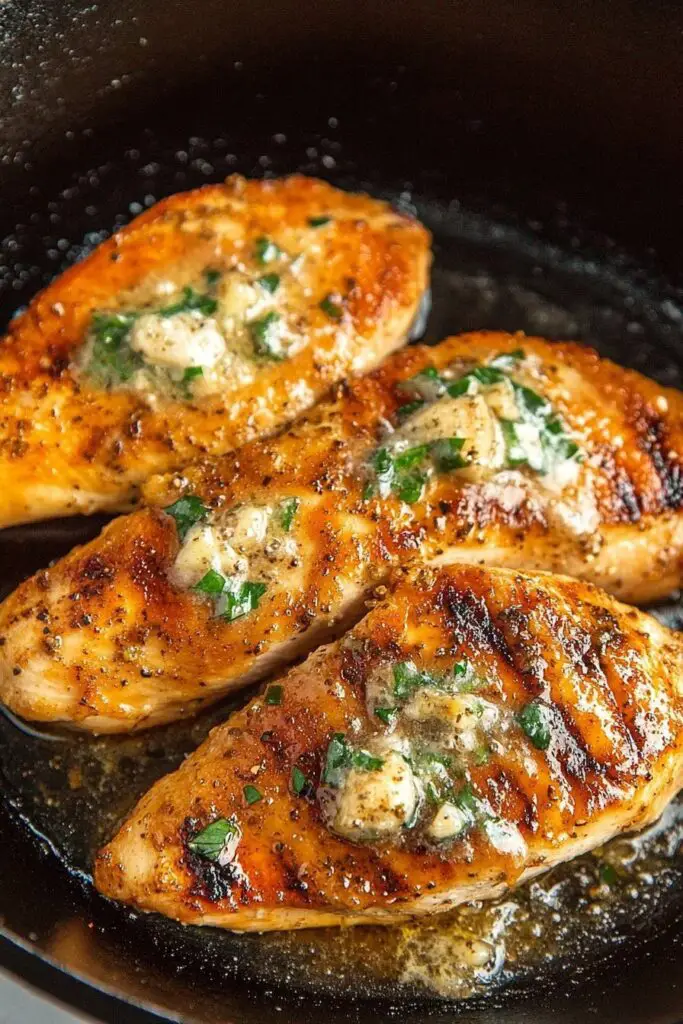 Poitrine de poulet dans une poêle en fonte avec beurre à l’ail et aux herbes (30 minutes)