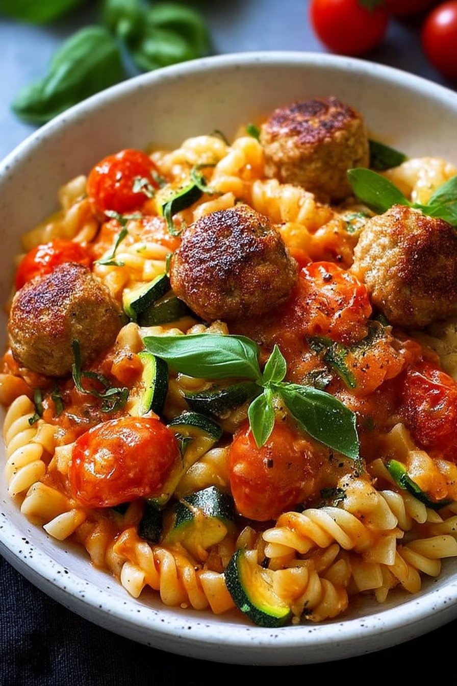 Risotto de Pâtes aux Courgettes, Tomates et Boulettes Croustillantes