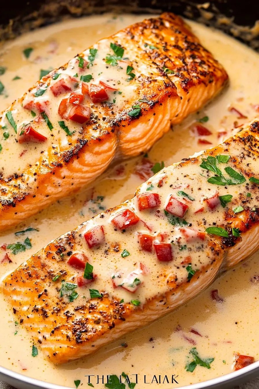 Saumon poêlé dans une sauce crémeuse au poivron rouge et au parmesan