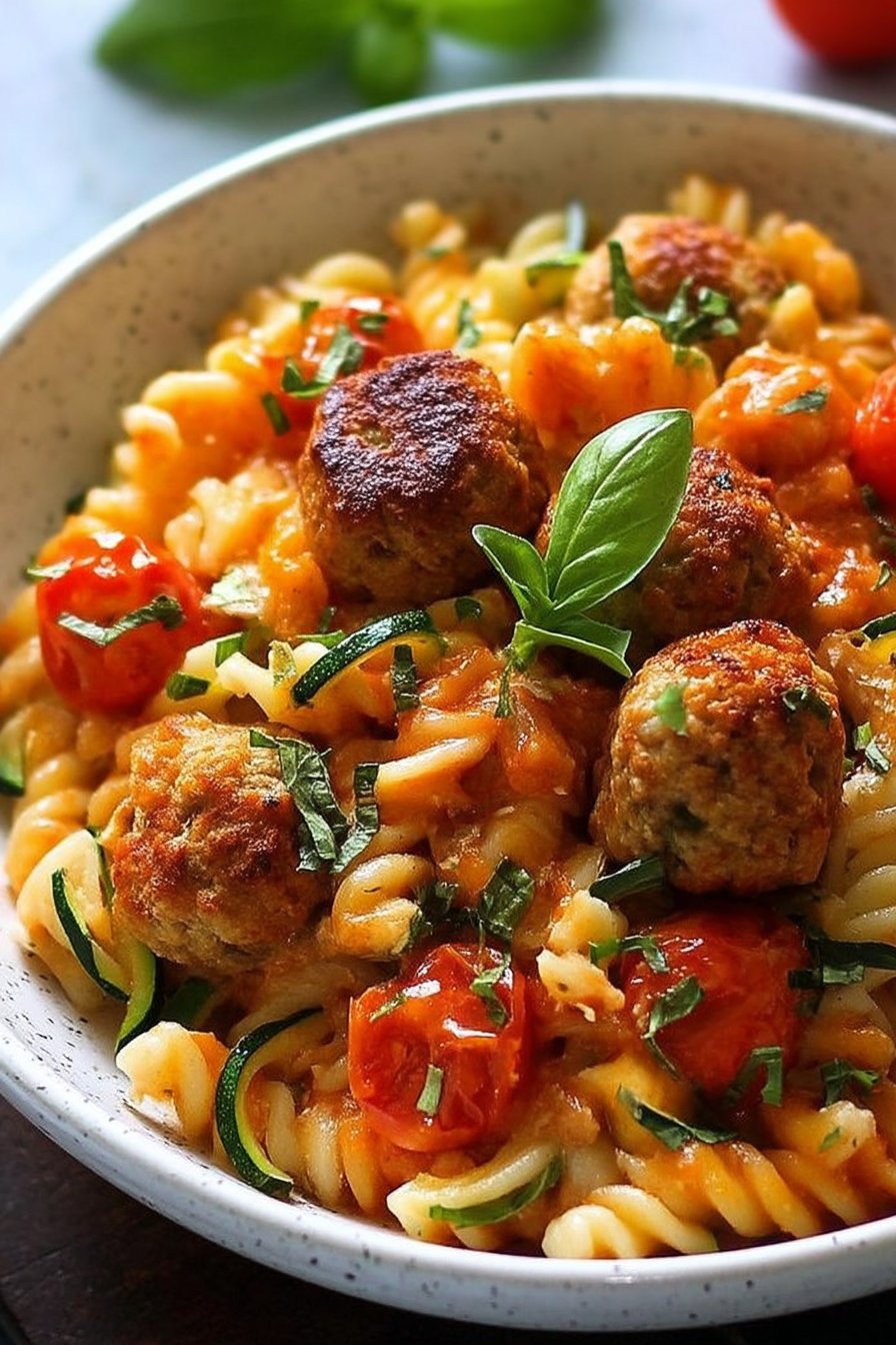 Risotto de Pâtes aux Courgettes, Tomates et Boulettes Croustillantes