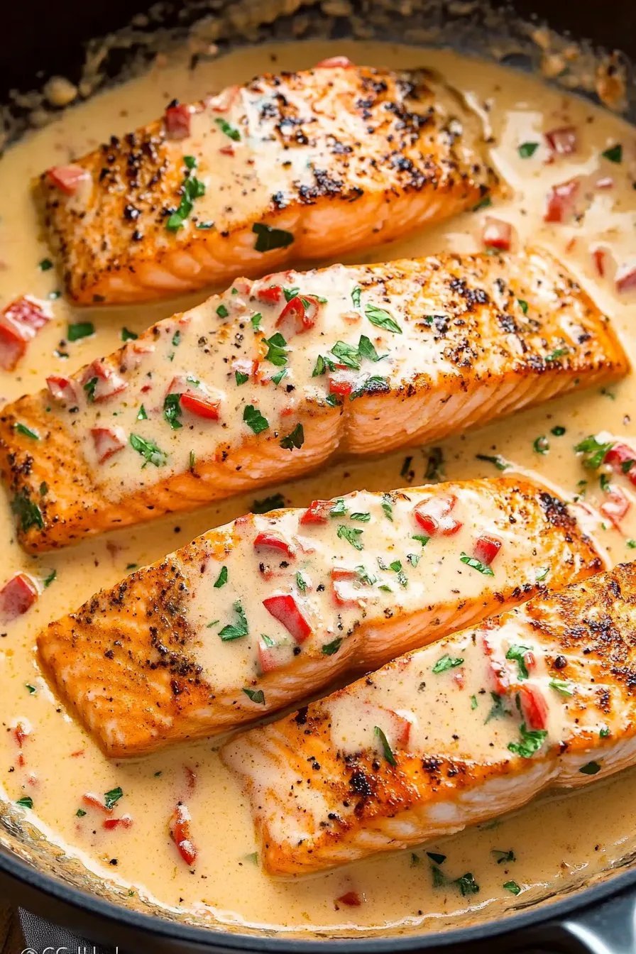 Saumon poêlé dans une sauce crémeuse au poivron rouge et au parmesan