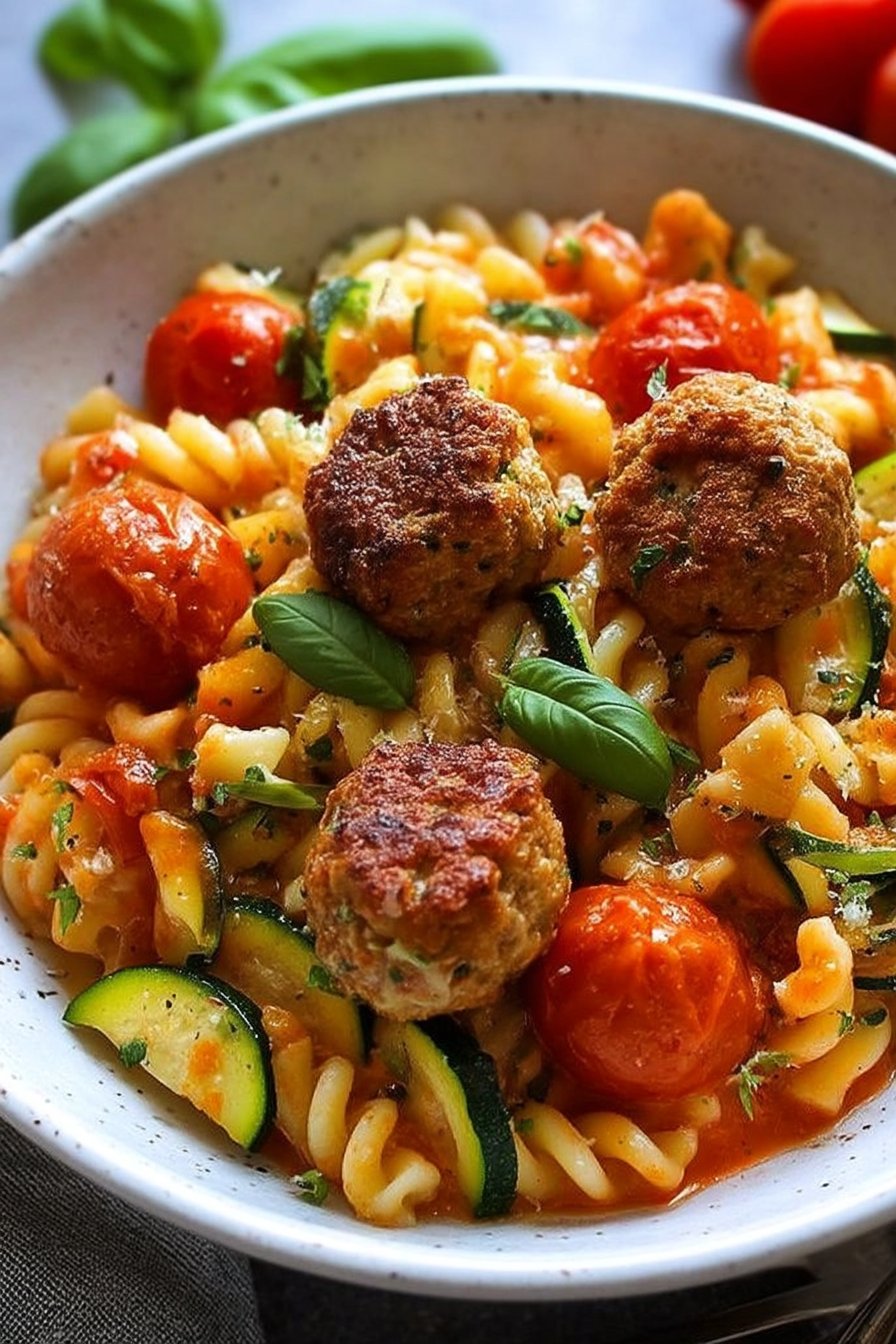 Risotto de Pâtes aux Courgettes, Tomates et Boulettes Croustillantes