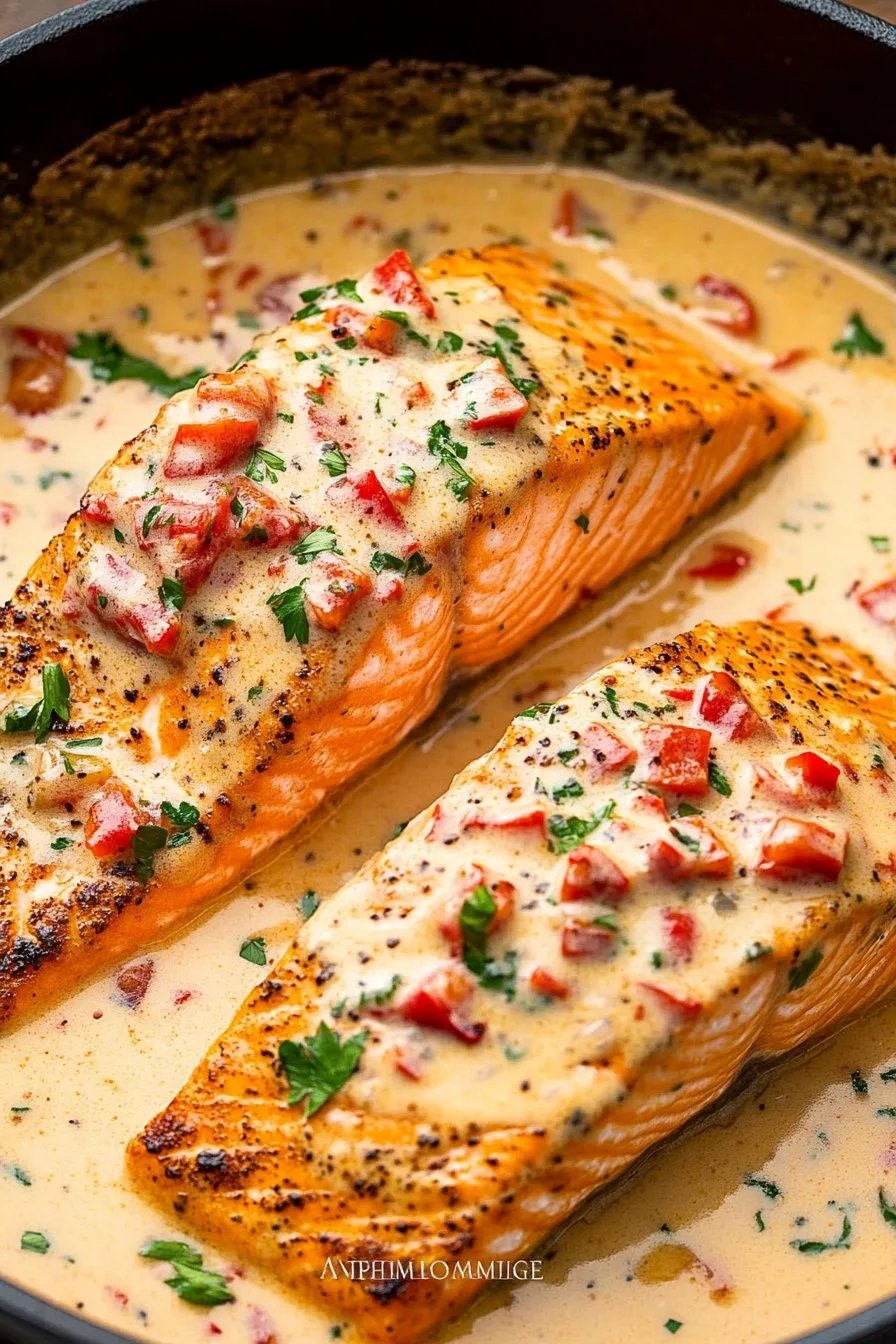 Saumon poêlé dans une sauce crémeuse au poivron rouge et au parmesan