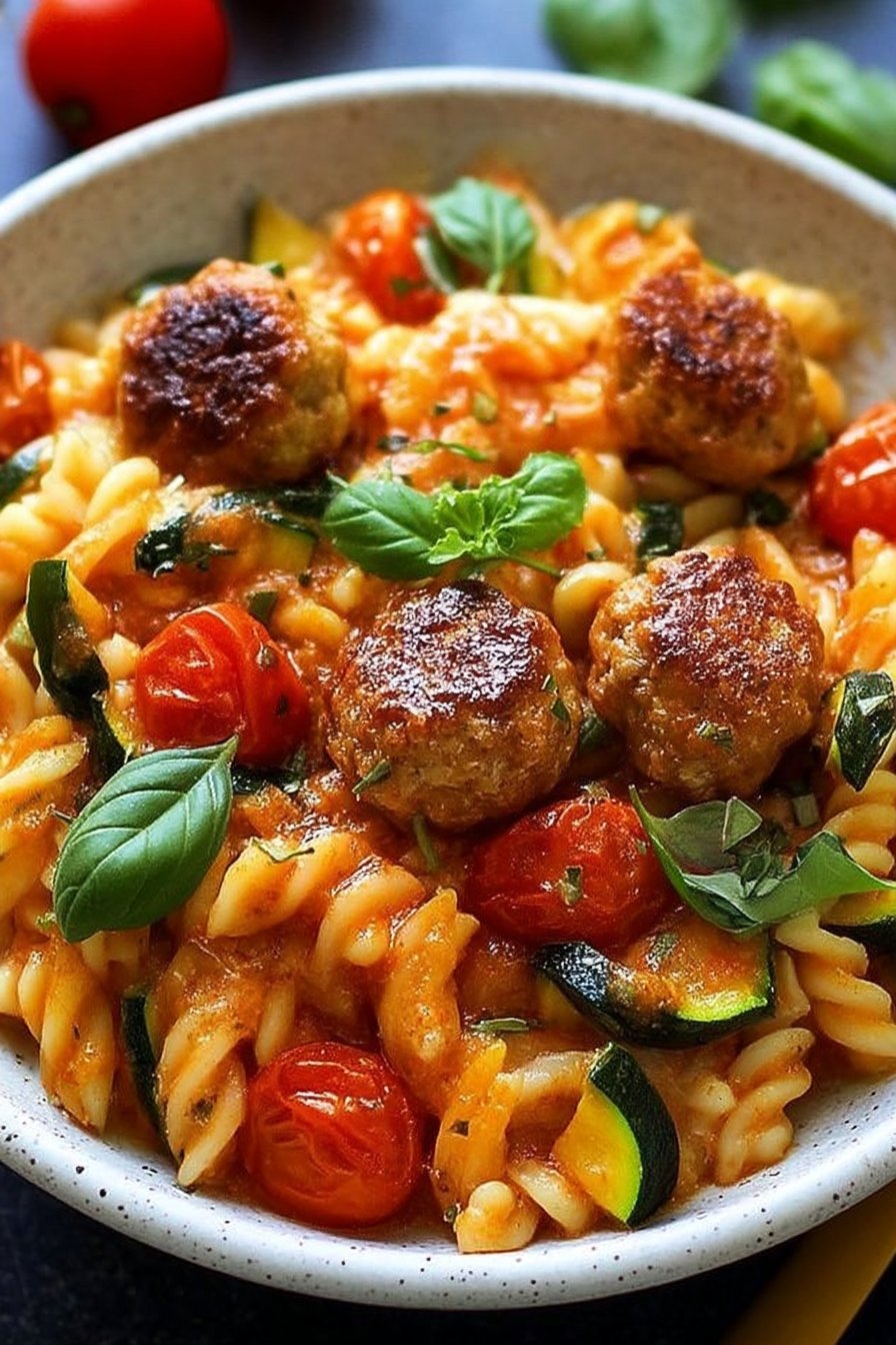 Risotto de Pâtes aux Courgettes, Tomates et Boulettes Croustillantes