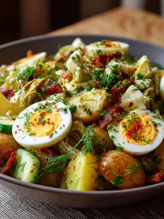 Salade Olivier aux pommes de terre, oeufs, et cornichons