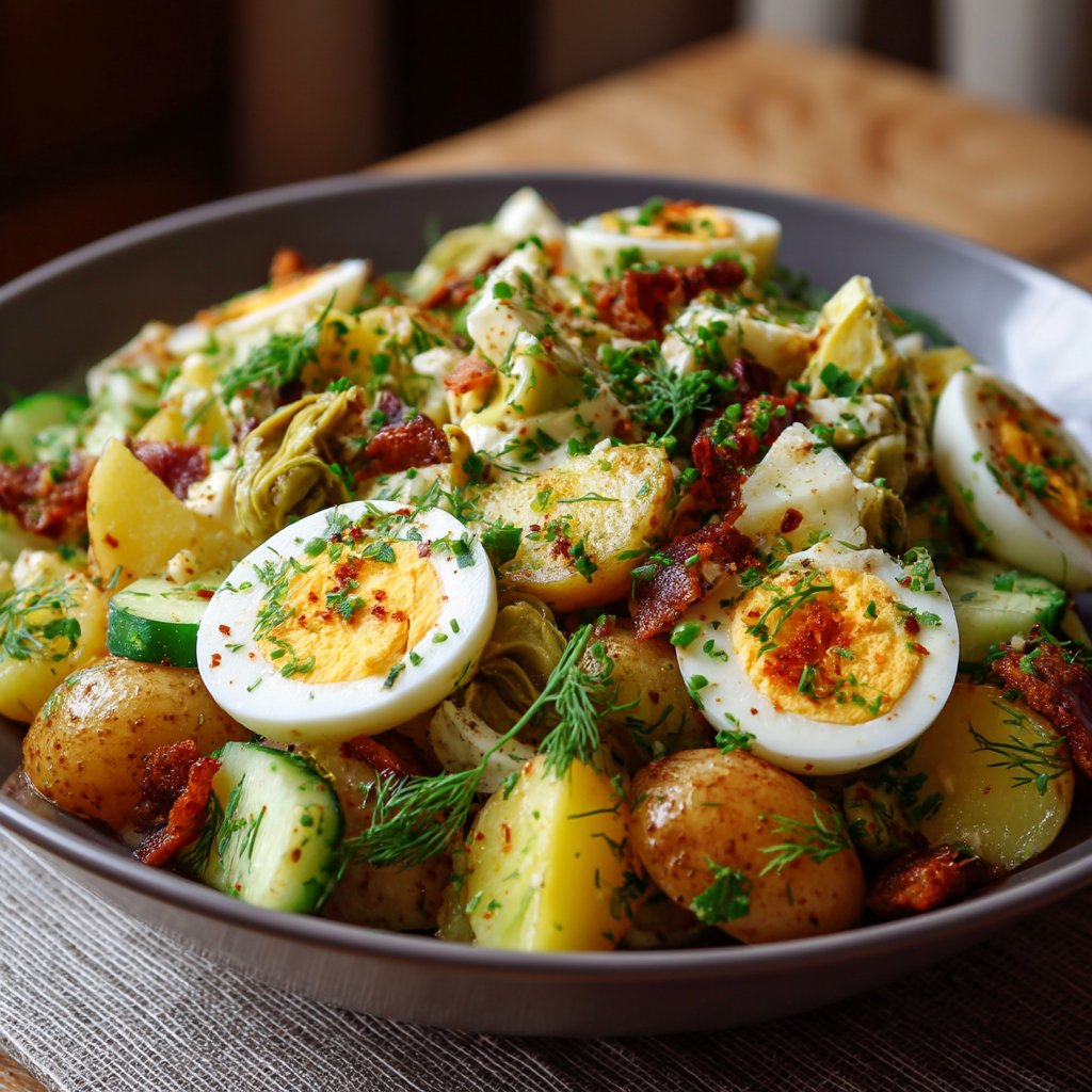 Salade Olivier aux pommes de terre, œufs et cornichons