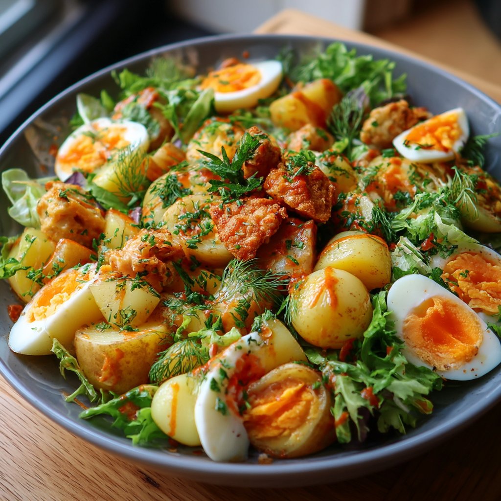 Salade Olivier aux pommes de terre, oeufs, et cornichons