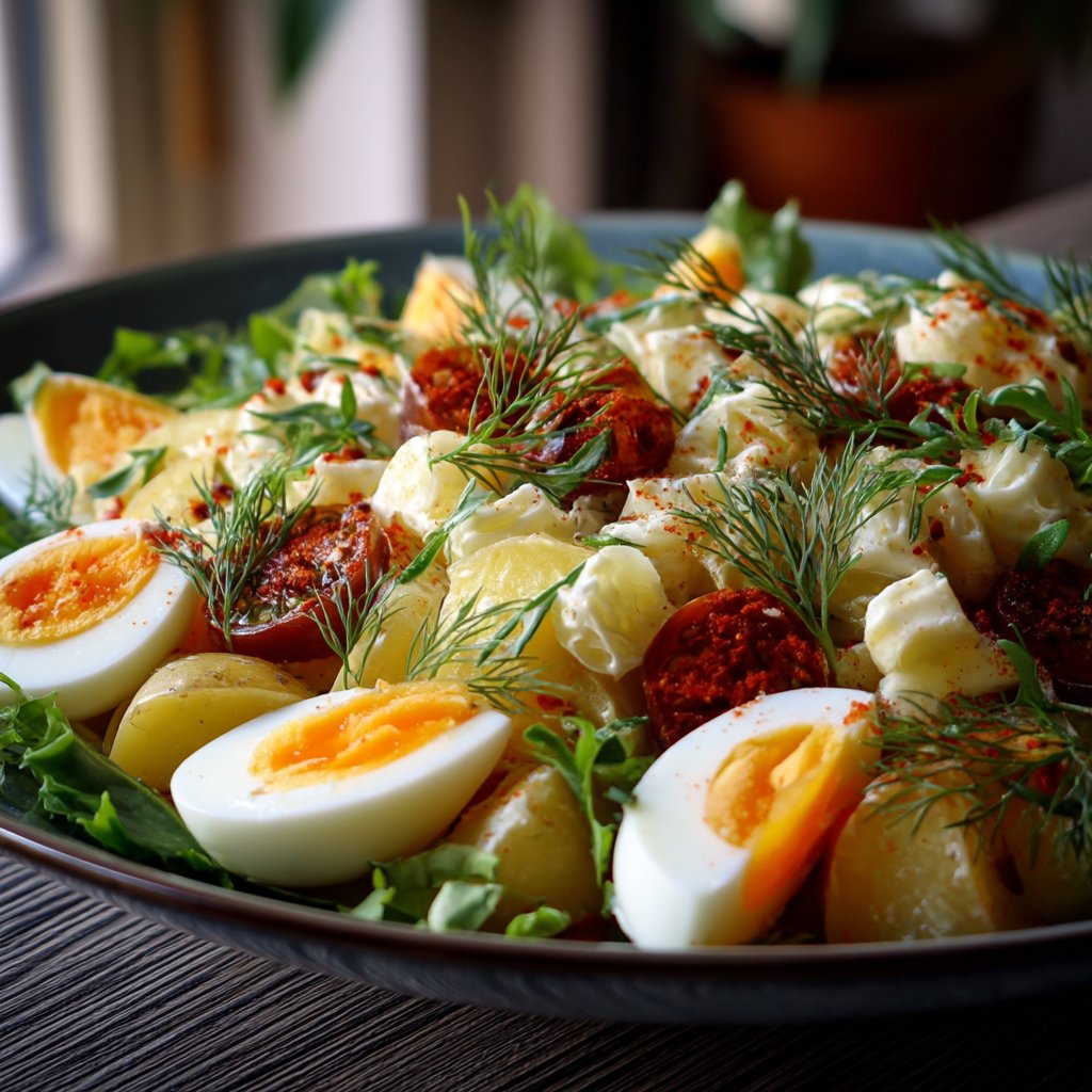 Salade Olivier aux pommes de terre, oeufs, et cornichons