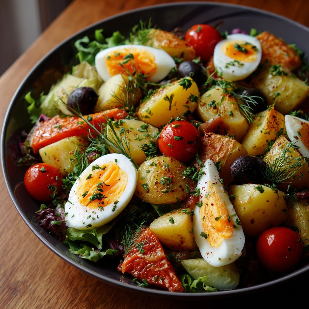 Salade Olivier aux pommes de terre, oeufs, et cornichons
