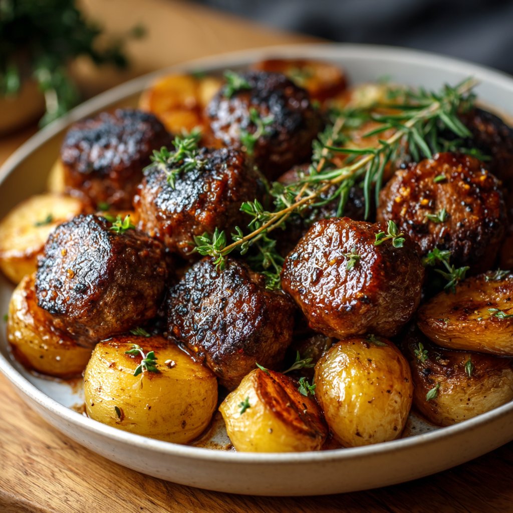 Boulettes de bœuf, pommes de terre au thym