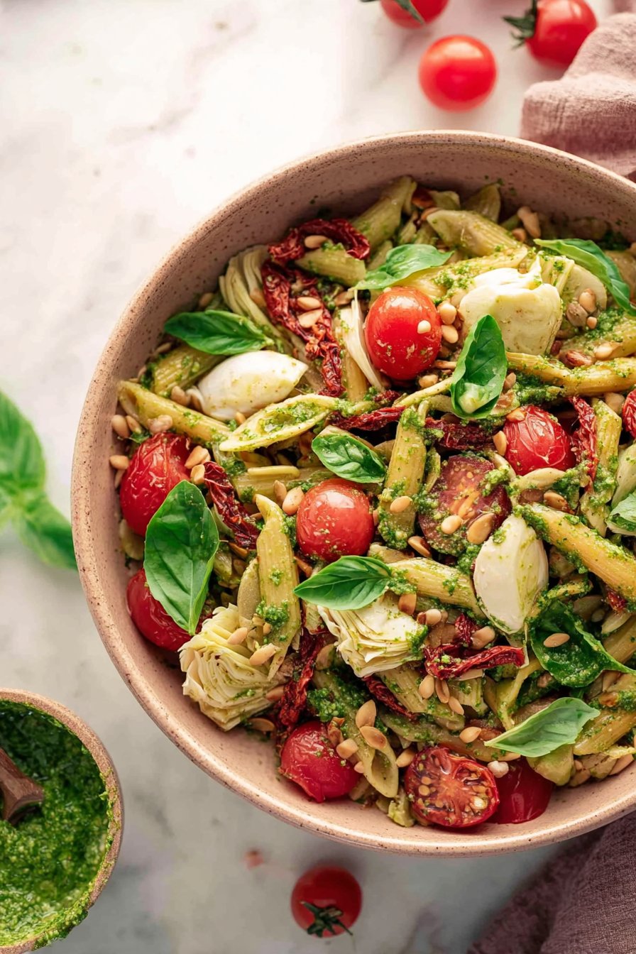 Salade de pâtes aux tomates séchées, artichauts et pesto