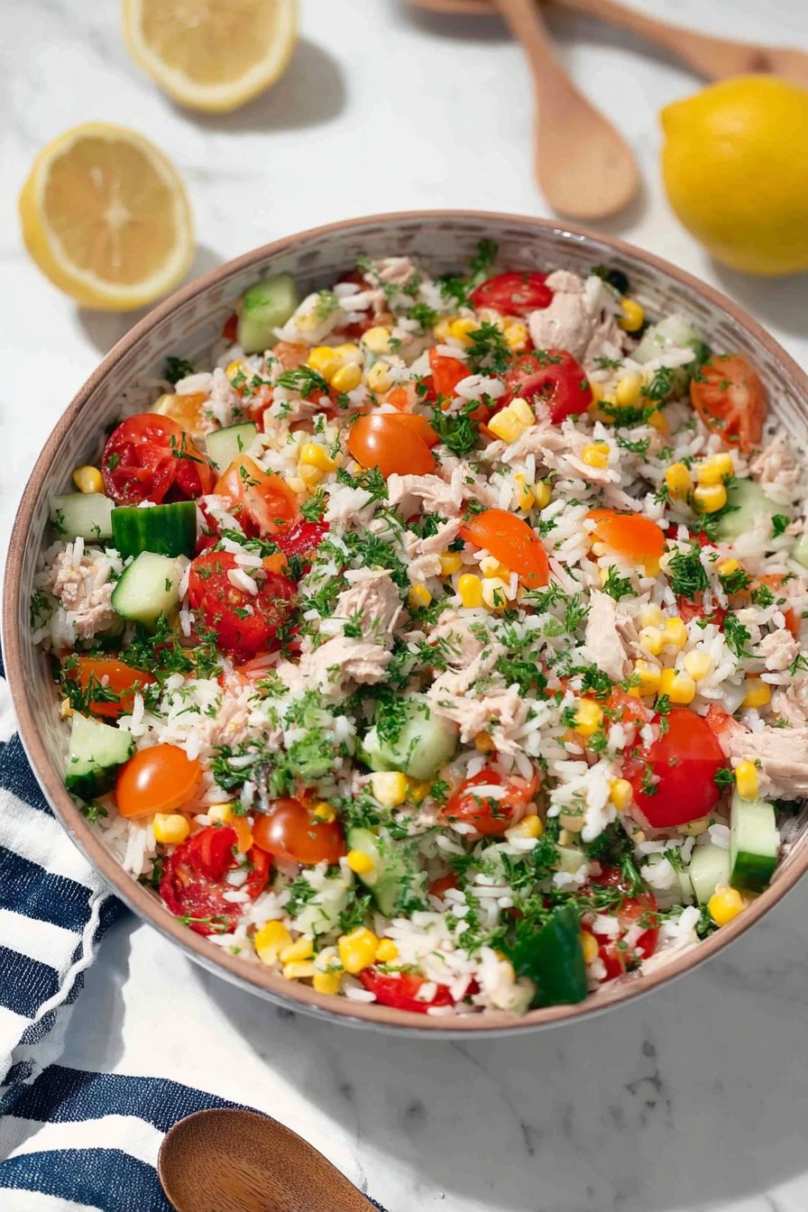 Salade de riz au thon, maïs et tomates
