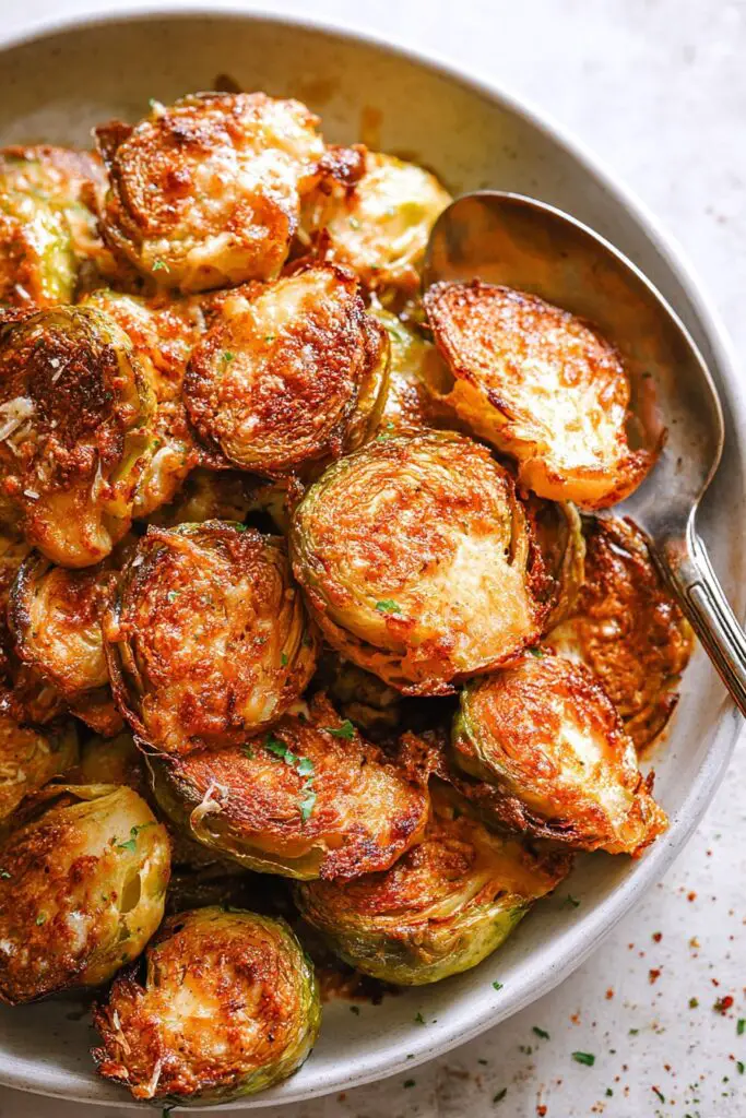 Choux de Bruxelles rôtis à l’ail et au parmesan.