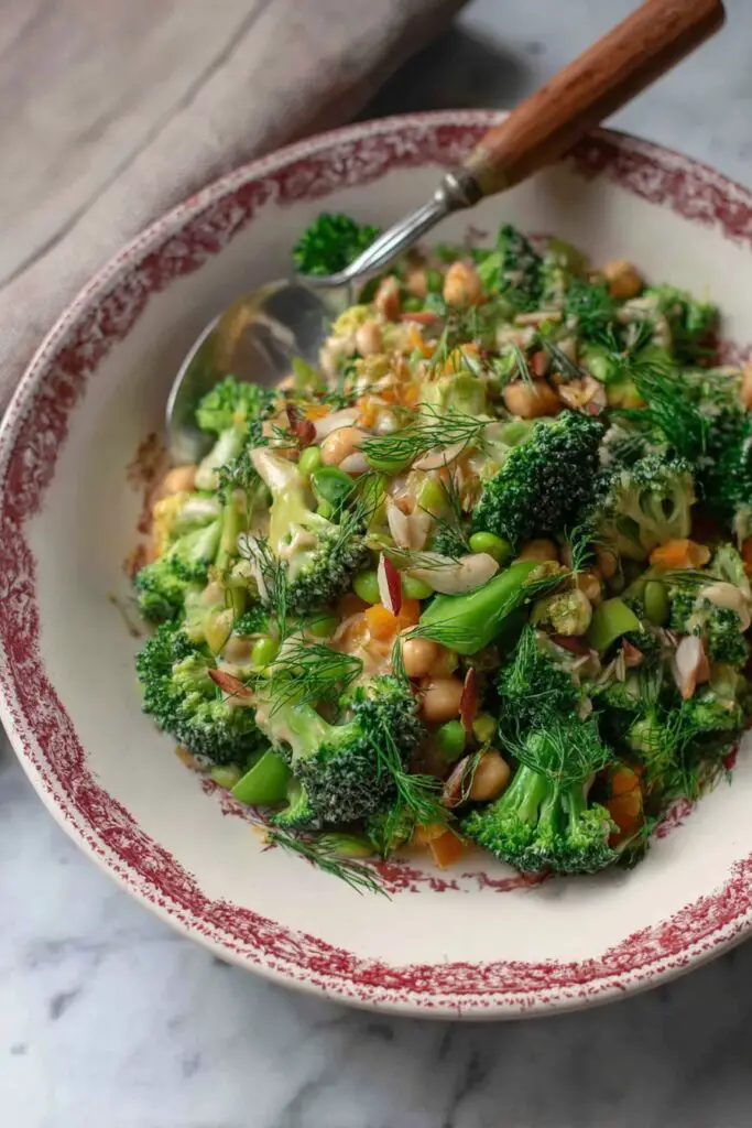 Salade de brocoli, pois chiches et vinaigrette au tahini