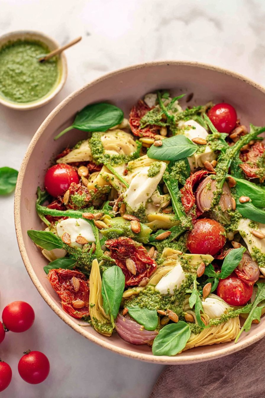 Salade de pâtes aux tomates séchées, artichauts et pesto