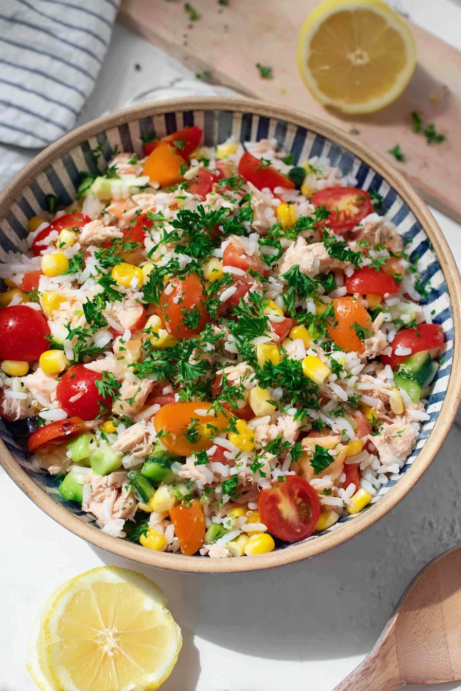 Salade de riz au thon, maïs et tomates