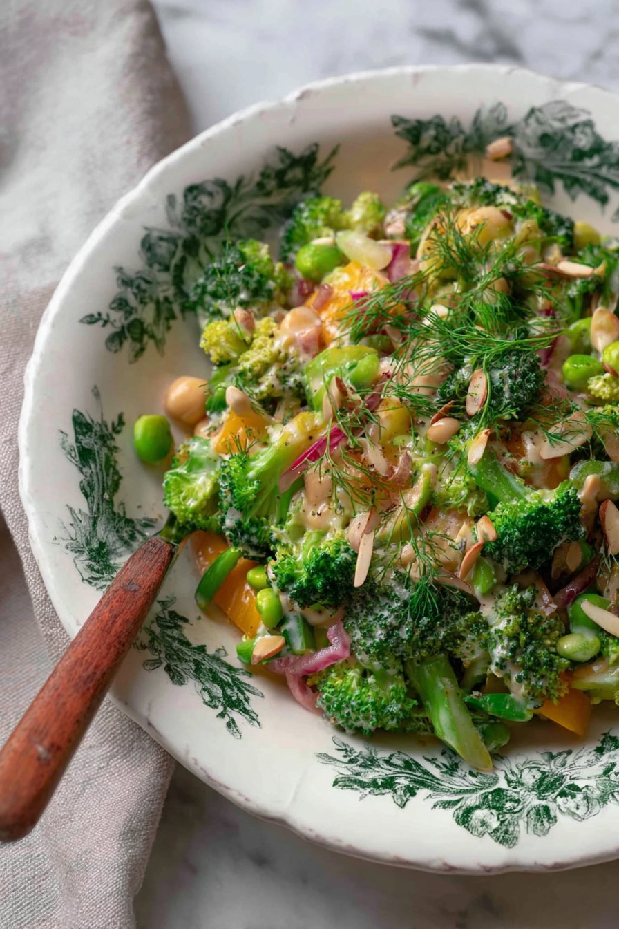 Salade de brocoli, pois chiches et vinaigrette au tahini
