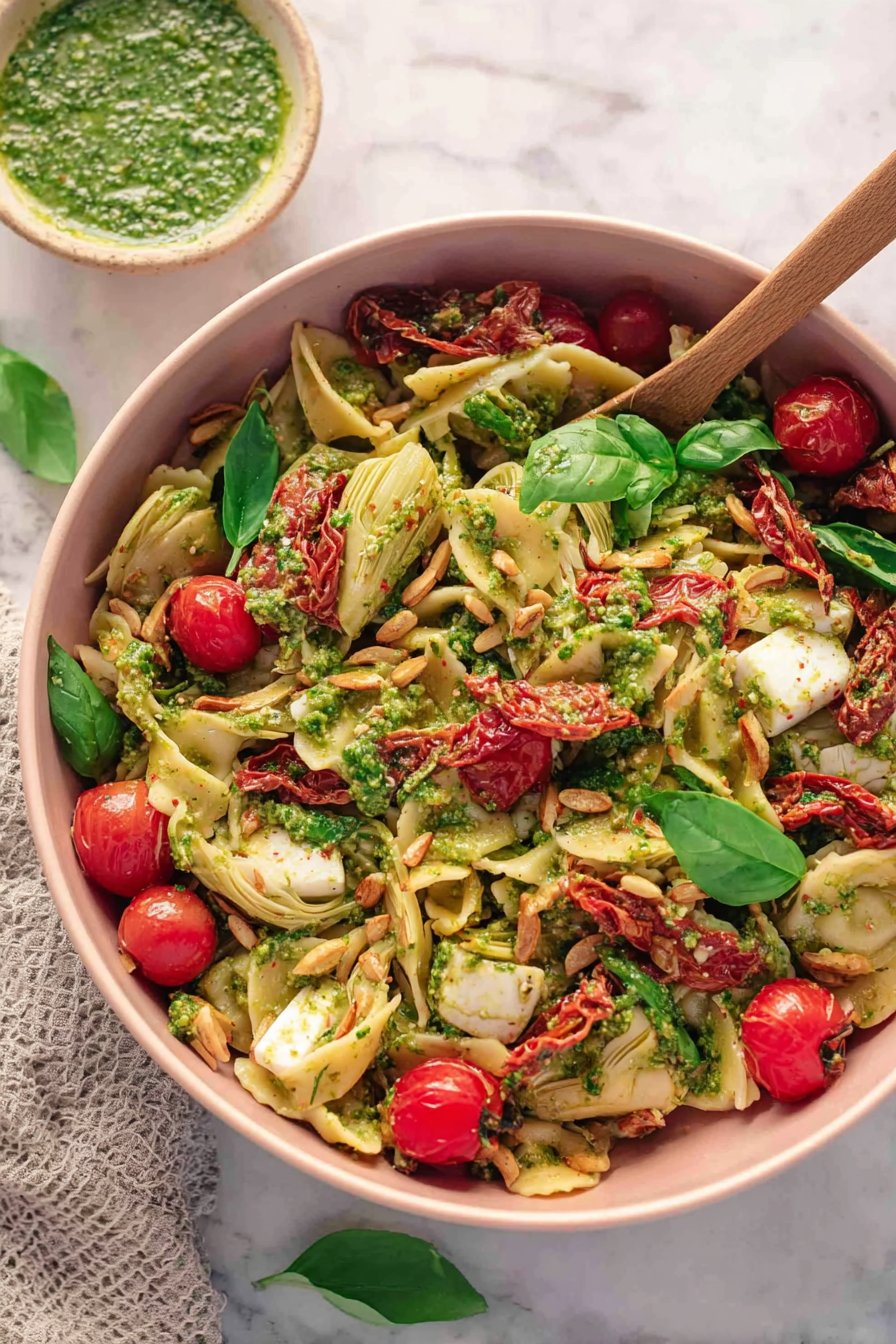 Salade de pâtes aux tomates séchées, artichauts et pesto