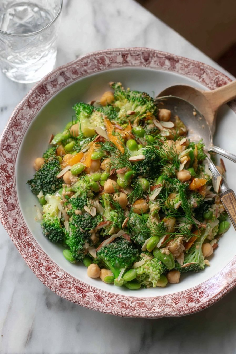 Salade de brocoli, pois chiches et vinaigrette au tahini