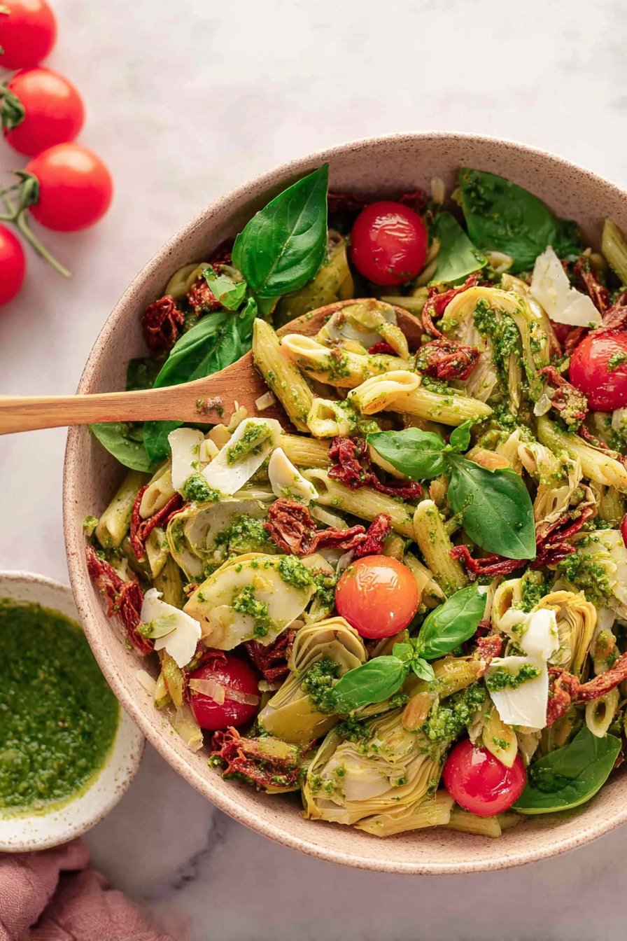 Salade de pâtes aux tomates séchées, artichauts et pesto