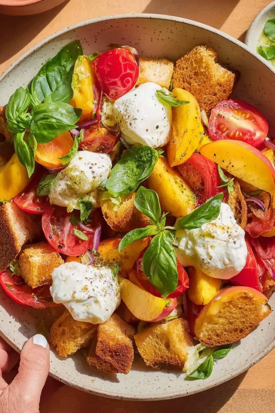 Panzanella à la pêche et burrata