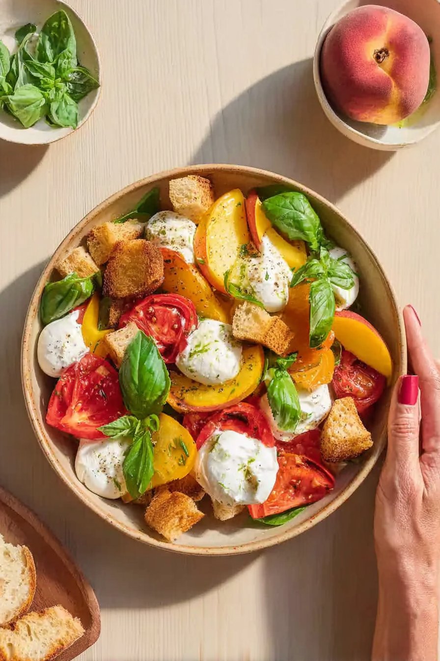 Panzanella à la pêche et burrata