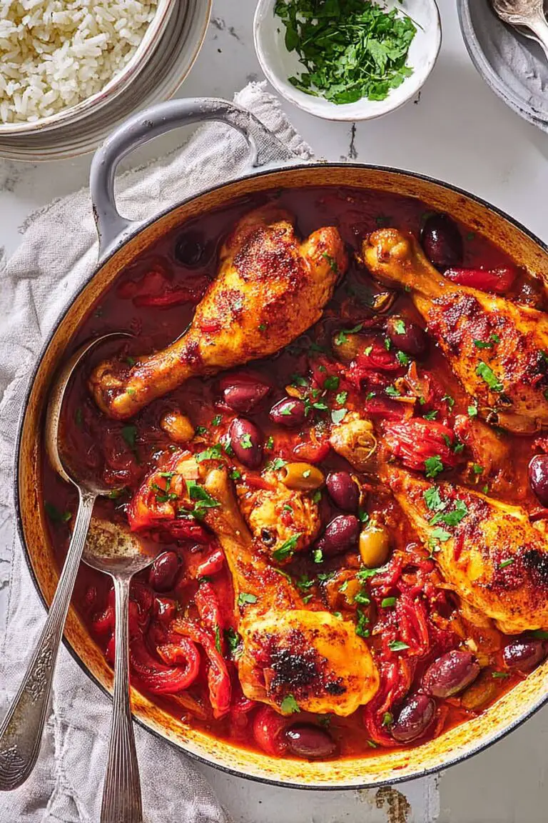 Pilons de poulet braisés aux tomates, au chorizo et aux olives