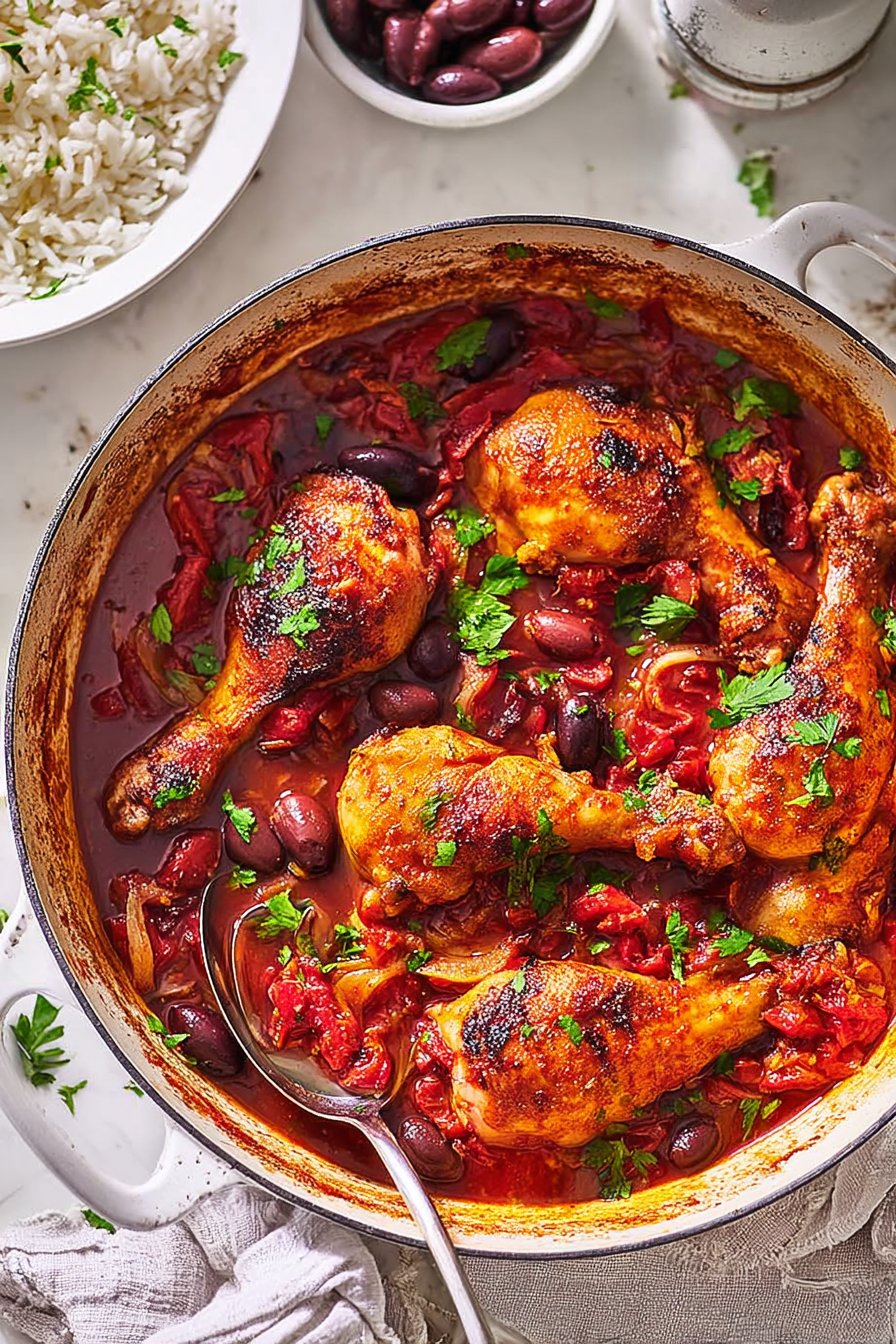 Pilons de poulet braisés aux tomates, au chorizo et aux olives