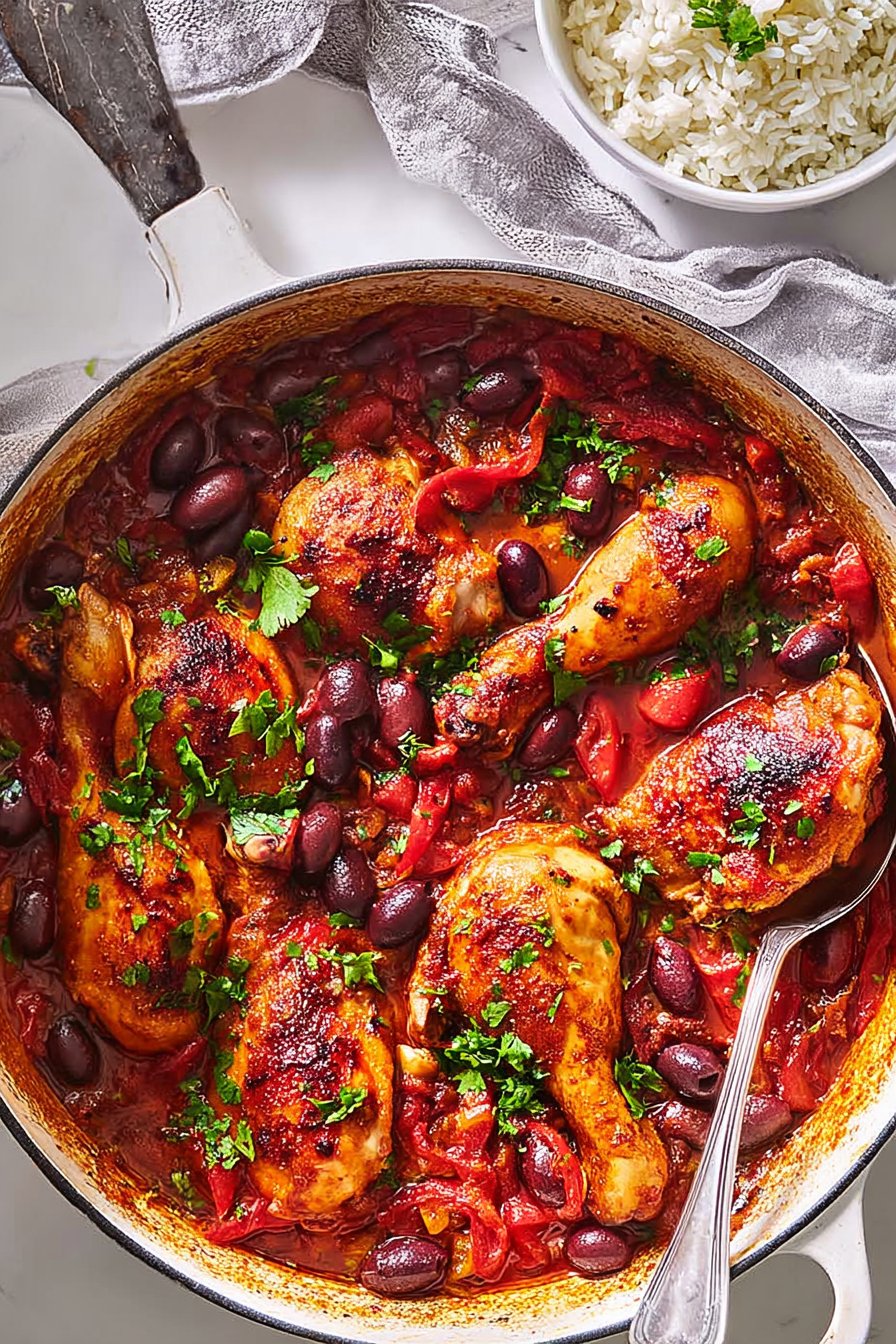 Pilons de poulet braisés aux tomates, au chorizo et aux olives