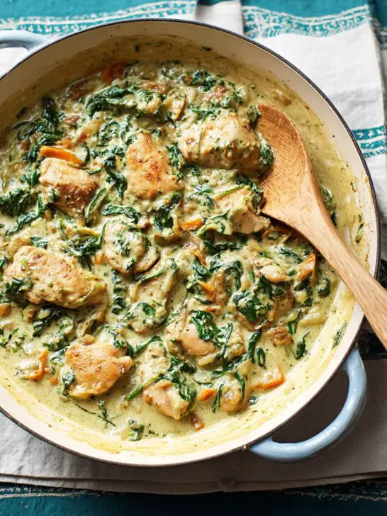 Sauté de poulet, champignons, épinards, crème
