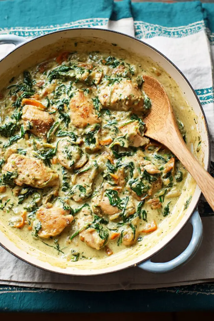 Sauté de poulet, champignons, épinards, crème