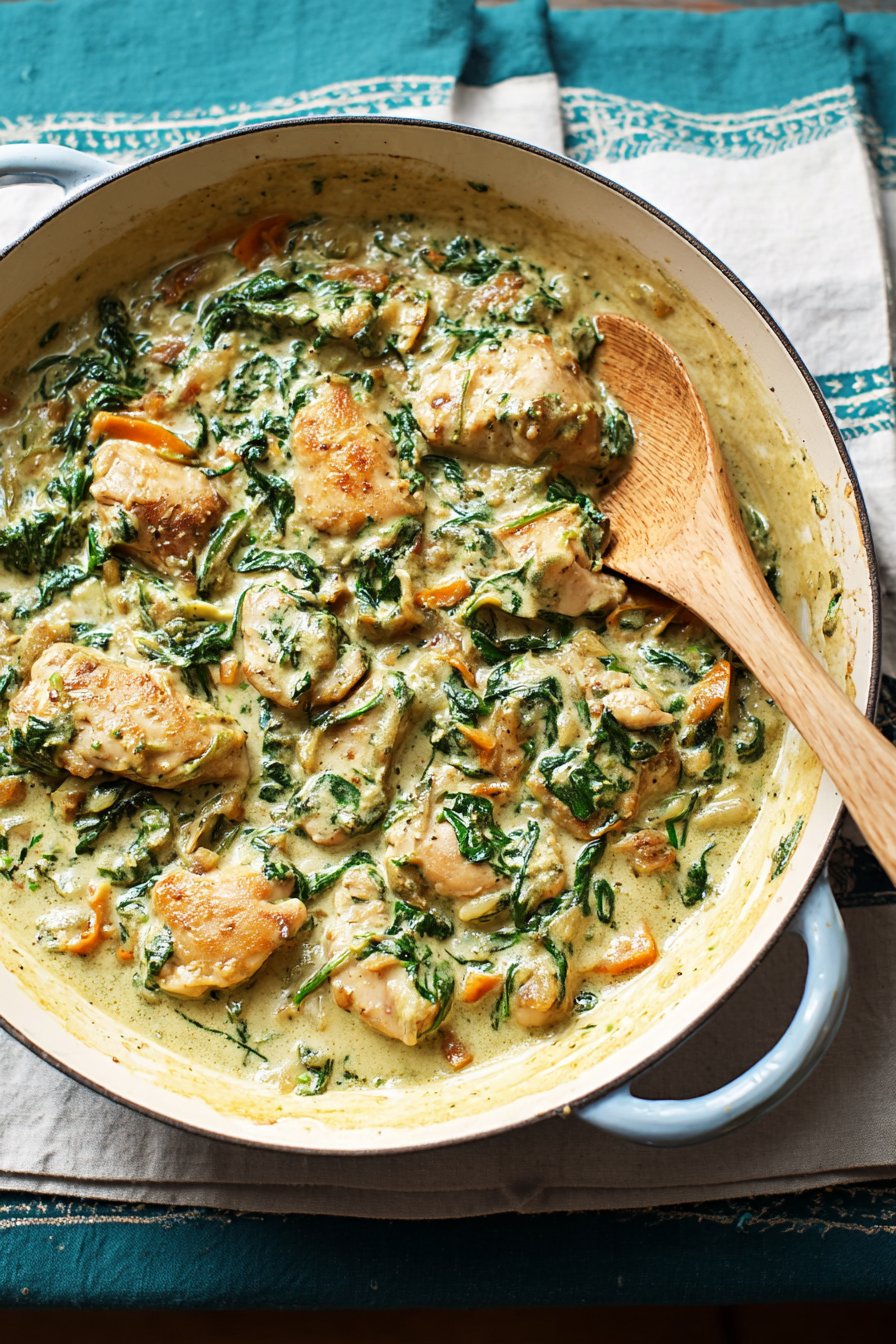 Sauté de poulet, champignons, épinards, crème