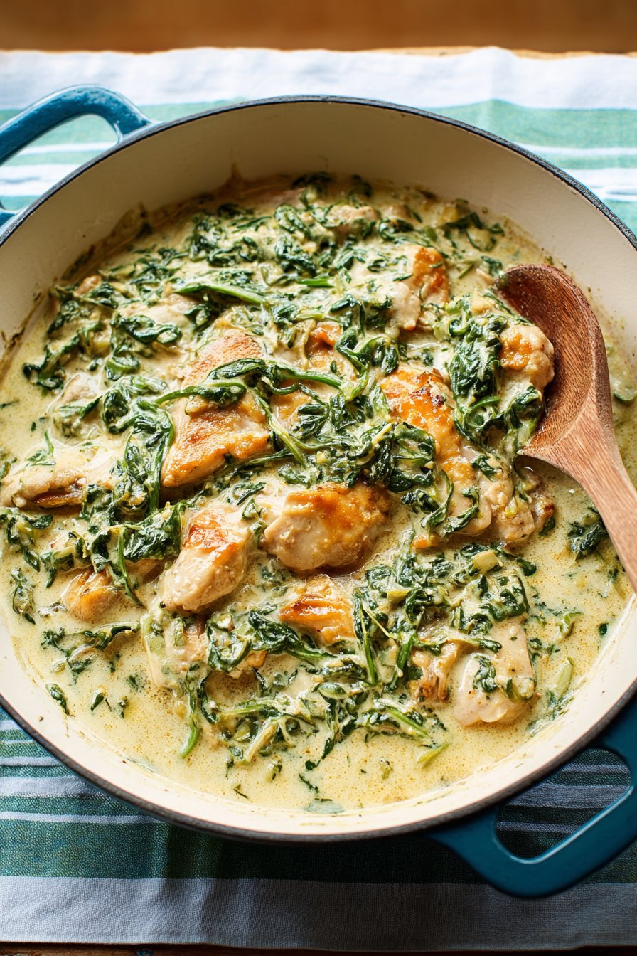Sauté de poulet, champignons, épinards, crème