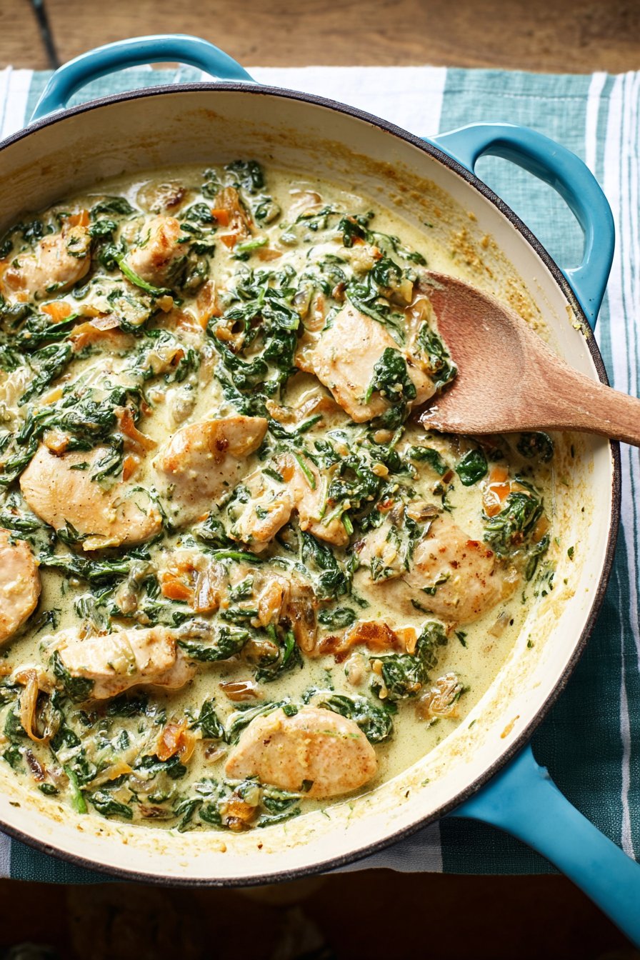 Sauté de poulet, champignons, épinards, crème