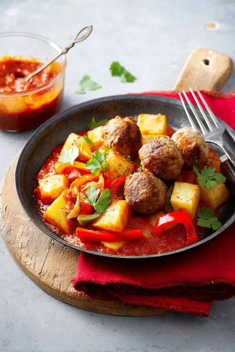 Boulettes de Viande, Pommes de Terre et Poivrons à la Sauce Tomate