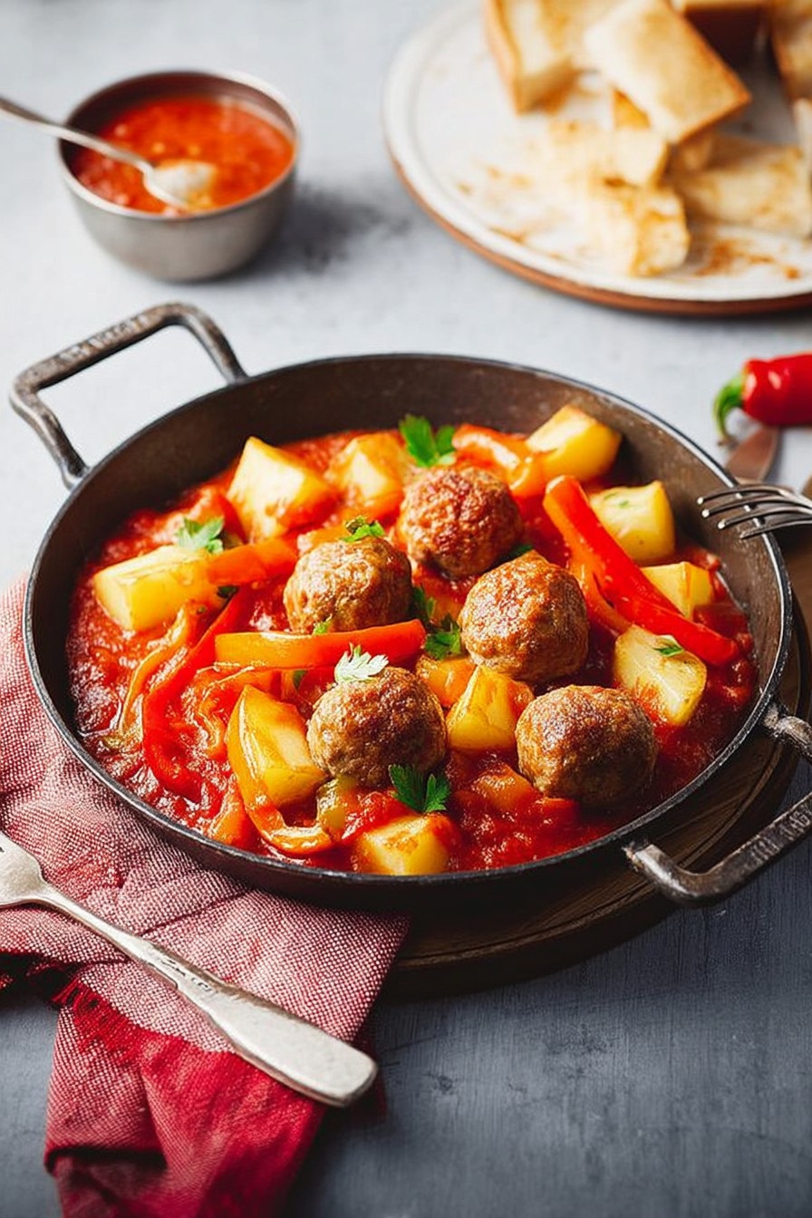 Boulettes de Viande, Pommes de Terre et Poivrons à la Sauce Tomate