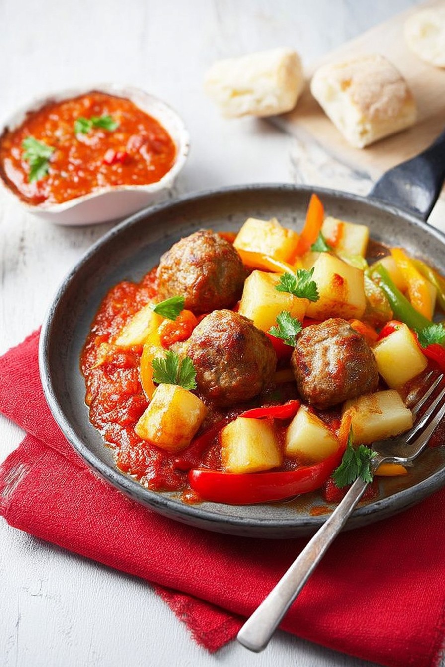 Boulettes de Viande, Pommes de Terre et Poivrons à la Sauce Tomate